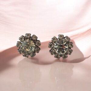 Vintage Art Deco pierced white crystal prong set cluster earrings post..